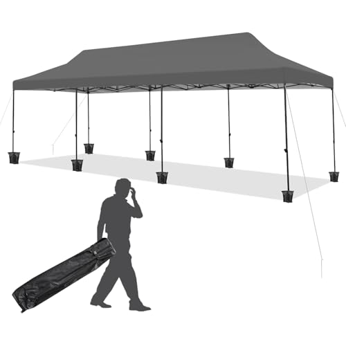 EROMMY 10x30 Pop Up Canopy Tent, Commercial Instant Canopy Heavy Duty with Roller Bag, 8 Sand Bags, 8 Wind Ropes & Ground Nails, Outdoor Canopies for Events, Parties and Camping, Gray