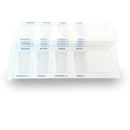 10 weiße Medikamentendispenser 10er Set – Tablettenbox mit 4 Fächern (Morgen, Mittag, Abend, Nacht) – Pillenbox für einen Tag, Blindenschrift & Beschriftung in Deutsch/Englisch, PP, 10 Stück (weiß)
