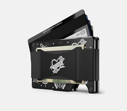 Image of Ridge Wallet for Men - Slim Minimalist Compact Wallet and Card Holder, RFID Protected Front Pocket Wallets for Men with Integrated Cash Strap, American Traditional Tattoo B&W, One Size, Hex Ridge