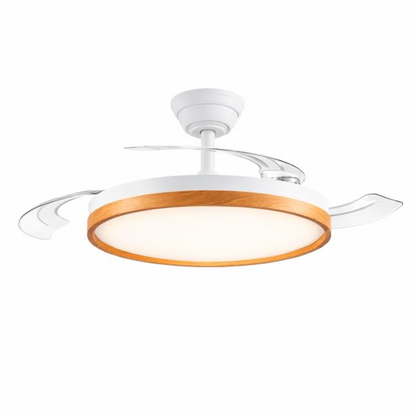 Bilake Beach LED Ceiling Fan 48W | Retractable Blades | DC Motor 7 Speeds | Night Mode 28dB | CCT Light Dimmable 3000-4000-6000K | Summer/Winter | Remote Control (White / Light Wood)