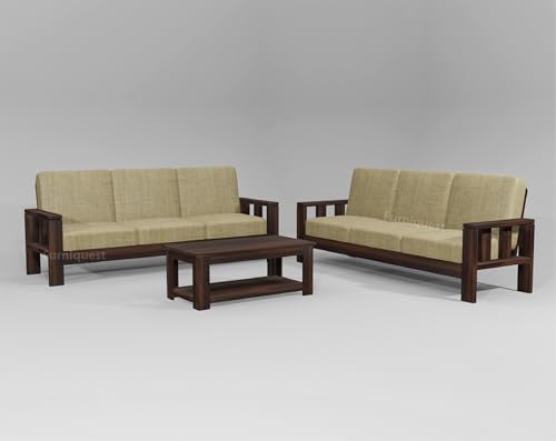 Image of Wooden Sofa Set 6 Seater for Living Room | Solid Sheesham Wood 6 Seater Sofa Set | Wooden Sofa Set 6 Seater for Living Room & Home Furniture 3+3 (Walnut Finish)