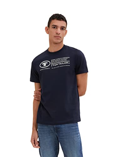 TOM TAILOR Herren Basic T-Shirt mit Print aus Baumwolle, sky captain blue, XL – Ansicht 4