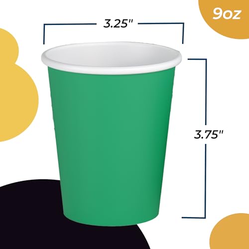 Emerald Green Paper Cups 9 oz Durable Disposable Cups 100 Pack of Paper Tumblers for Hot Drinks and Cold Drinks Thick 280 GSM Hot Cup for Tea & Coffee Fun Colors for Parties & Events By Party Solids