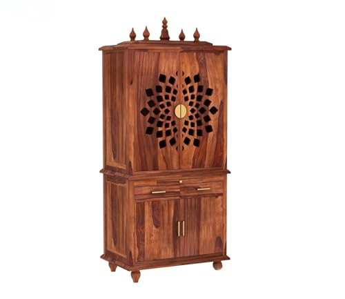 Image of Wooden Temple for Home | Big Pooja Mandir, Puja Ghar with 2 Drawer Storage, 4 Door Cabinet & Dhoop Batti Slider Stand | Solid Wood Sheesham Temple | Big puja mandir (G-Hony)