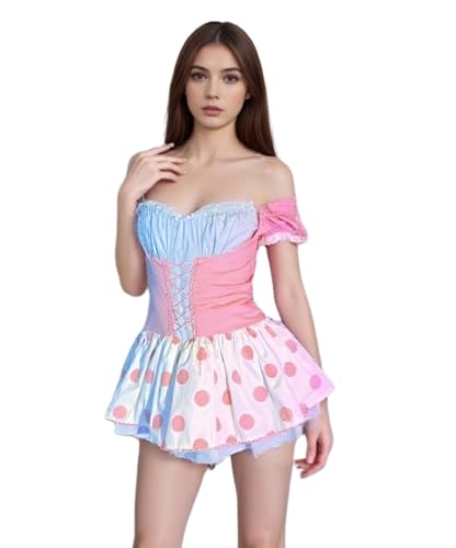 Women's Bo Peep Costume Halloween Cosplay Outfits Sweet Ruffle Short Sleeve Polka Dot Print Mini Dress (Pink, 2XL)