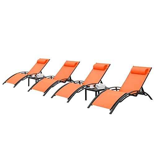 AthLike 3 pcs Poolchairs Patio Chaise Lounge Set with Headrest, 5-Level Adjustable Sunbathing Tanning Poolside Lounger Recliner Chairs with Side Table for Outdoor Beach (Orange, 4Chairs and 2Tables)