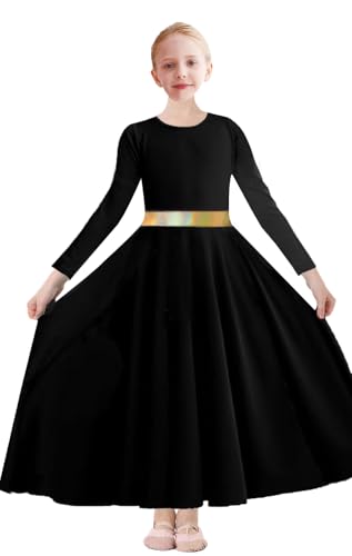 ORIDOOR Girls Praise Dance Dress Metallic Gold Liturgical Worship Church Robe Full Length Swing Lyrical Costume 02-Black Tag130
