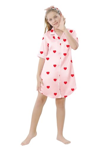 Image of Schbbbta Girls & Women Silk Nightgown, Short Sleeve Button Down Satin Nightshirt Pajama House Dress, 3 Years- Women 2XL