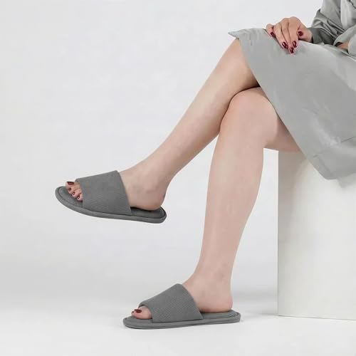Image of Women's Open Toe House Slippers - Breathable Waffle Fabric, Memory Foam Cushioning, Slip-On Summer Indoor Slippers, Non-Slip TPR Sole, Easy Care
