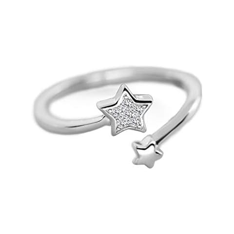 NewZenro CZ Double Star Open Ring for Women Teen Girls S925 Sterling Silver Dainty Adjustable Statement Engagement Cute Tiny Crystal Finger Rings Jewelry Gifts for BFF Daughter Birthday Christmas Cover