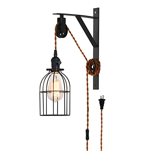Image of Plug in Pendant Light, Farmhouse Pulley Wall Lamp with 7-Foot Brown Plug in Cord & Switch, Industrial Hanging Lamps that Plug into Wall Outlet