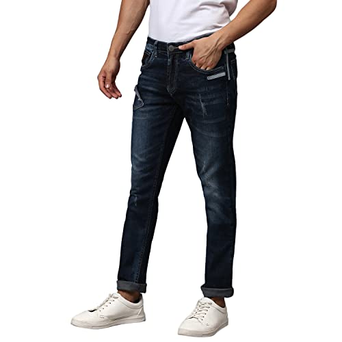 Image of CAHOOT Men's Navy Blue Tapered Dark- Wash Denim Jeans | Stretchable Cotton Mid-Rise Denim Jeans Crafted with Comfort Fit and High Performance for Everyday Wear