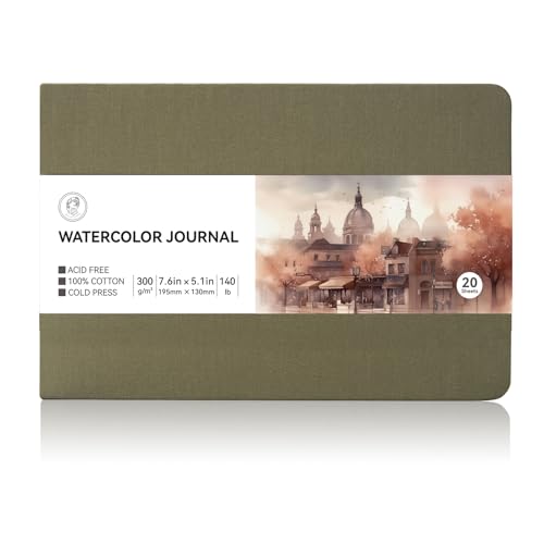 Lightwish Watercolor Sketchbook, 100% Cotton Cold Press Art Supplies Watercolor Paper Journal 3.8 * 5.1In, 20 Sheets (140lb/300gsm), Acid-Free for Watercolors, Gouache, Acrylics
