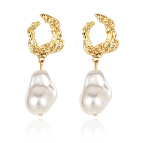 Yowivon Pearl Drop Earrings 14K Gold Plated Dangle Hypoallergenic Statement Earring Trendy Fashion Jewelry Gifts for Women Birthday Wedding