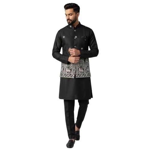 Trustous Men’s Kurta Pyjama Set with Embroidered Jacket.
