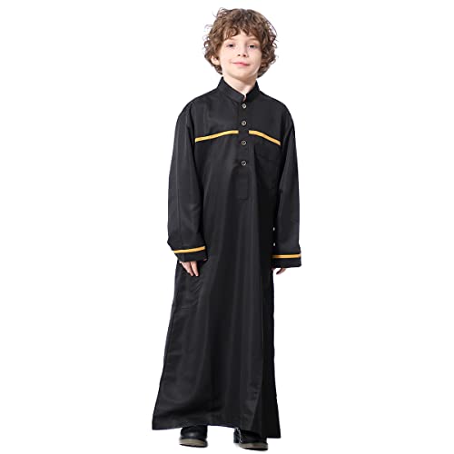 Boy's Muslim Arab Islamic Kaftan Embroidered Robe Solid Color Thobe Islamic Arabic Abaya Ethnic Dress With Pockets
