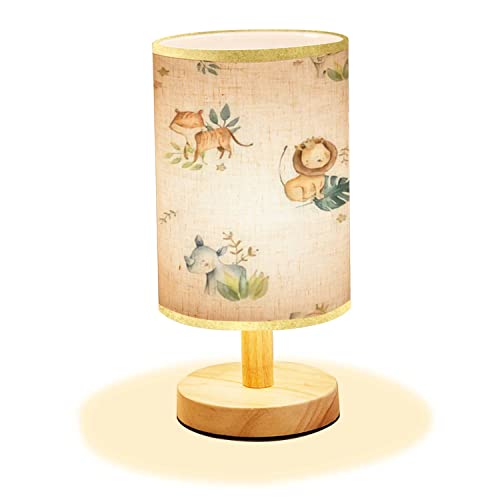 LOPYEIJFG Minimalist Bedside Table Lamp Safari Animals Watercolor Cute Baby Nursery Seamless Wood Nightstand Lamp Bedside Desk Lamp Wood Base Flaxen...