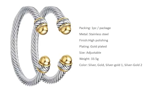 Two-Tone and Twisted Bangle Bracelet Women's Silvertone Twinst Bracelets Stainless Steel Jewelry Round Twisted Cable Wire Cuff Bangle Bracelet (Silver&Gold Type 2)3