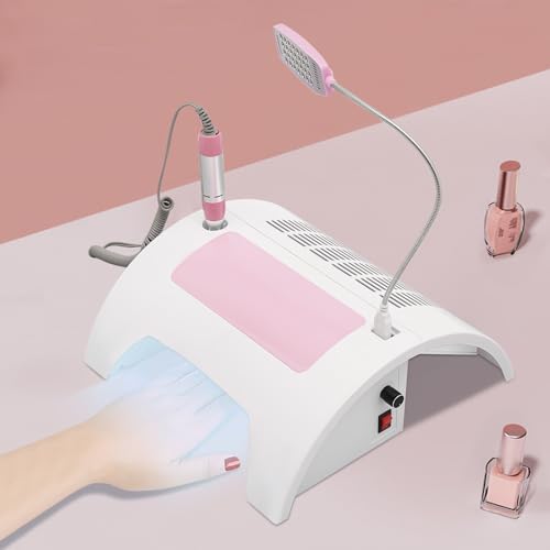 5 in 1 Nail Dust Collector with Drill, Professional UV LED Nail Lamp & Electric Nail Drill Machine & Nail Dust Collector & Table Light & Hand Cushion for Gel Nail Polish (White & Pink)