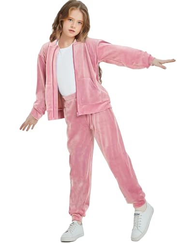 Woolicity Girls Sweatsuits Set Velour Tracksuit 2 Piece Outfits Zip Up Hoodies and Pants Sportswear Jogging Set