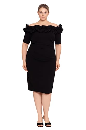 Image of Xscape Women's Knee-Length, Off-The-Shoulder, with Ruffled Neckline and Fitted Silhouette (Plus)