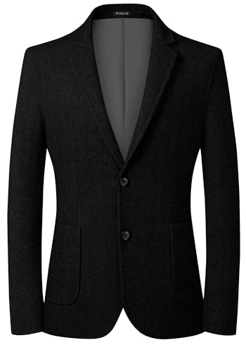 Mens Herringbone Tweed Blazer Vintage Wool Blend Sport Coat Jacket 2 Button Casual Wedding Groomsmen Prom Suit, Black, X-Large