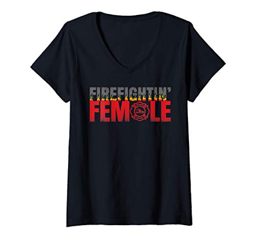 Donna Volunteer Firefighter Emblem Logo Gift Fire Fighting Female Maglietta con Collo a V