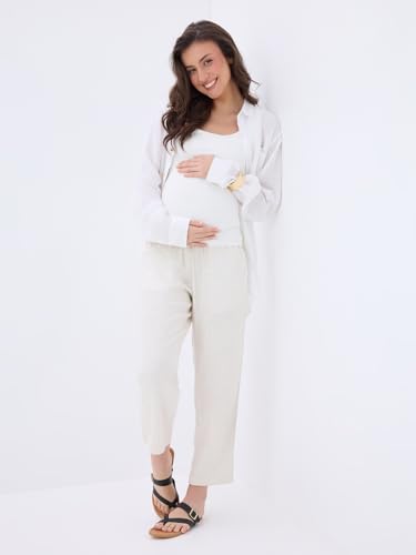 Image of MomToBe Maternity Trousers for Women | Linen Pants with Over-Bump Support, Drawstring & Pockets | Relaxed Fit