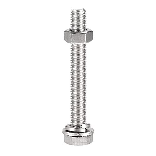 Image of uxcell M10 x 80mm Hex Head Screws Bolts, Nuts, Flat & Lock Washers Kits, 304 Stainless Steel Fully Thread Hexagon Bolts 6 Sets