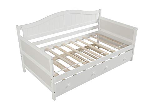 Windaze Twin Daybed with Trundle, Solid Wood Platform Bed Frame for Kids Teens and Adults with Slats Support No Box Spring Needed, White