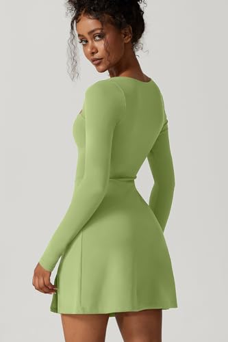 QINSEN Womens Square Neck Bodice Dress Long Sleeve Side Slit Flare Mini Dresses