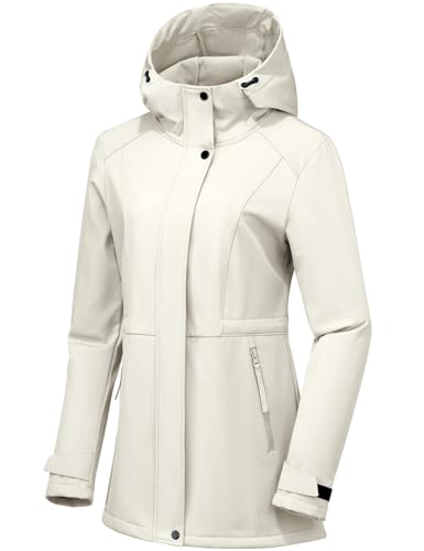 BANTREK Women's Softshell Jacket Lightweight Waterproof Windbreaker Hooded Fleece Lined Insulated Coat for Outdoor Travel (Beige,X-Large)