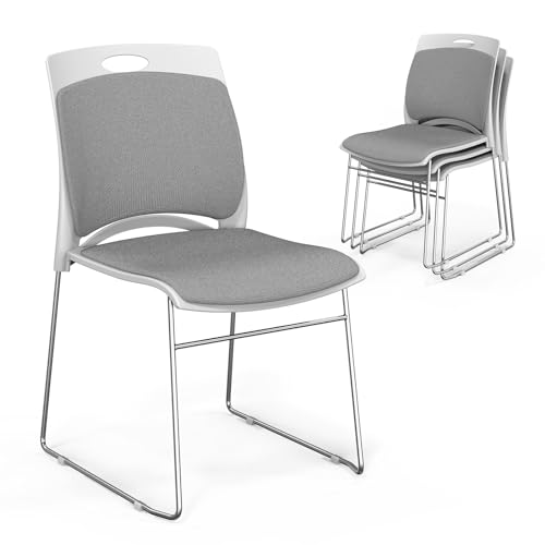 VINGLI Stackable Chairs Set of 4, Stacking Office Chairs with Metal Sled Base, Ergonomic Plastic Padded Seat & Back, Capacity 350lbs, Stacking Chairs for Waiting Room Break Room Banquet Guest, Gray