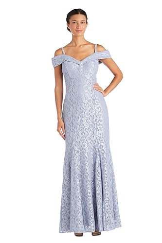 Image of R&M Richards Women's Off The Shoulder Formal Gown - Glitter Lace Mermaid Evening Dress for Wedding Guest & Cocktail Attire