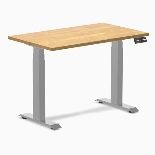 Image of Desky Small Electric Standing Desk, 40 x 24 inches Rubberwood Height Adjustable Sit Stand Desk with Dual Motor and Memory Presets, Compact Home Office Workstation - Light Oak Wood Top