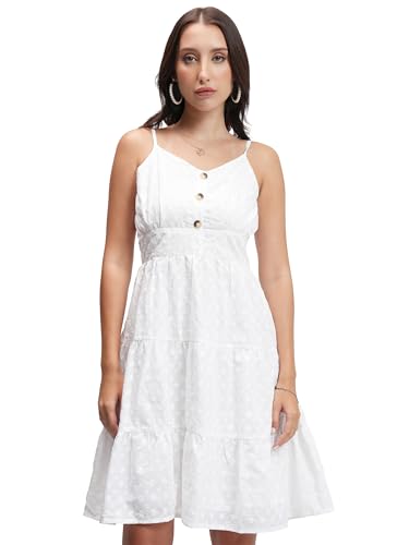 Image of Tokyo Talkies Womens Classic White Solid Flared Short Dress | Shoulder Straps & Front Button Detailing | Dress for Women | Women Dress | Stylish Women Dress