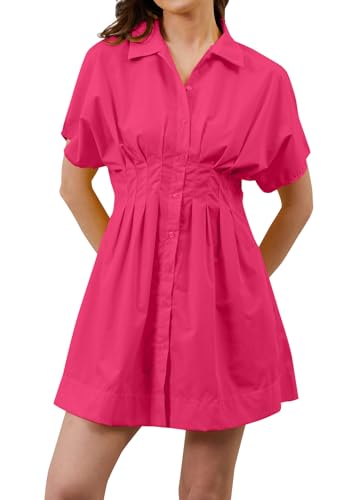 Image of calbatic Women Button Down Pleated Shirt Dress Striped Short Sleeve Summer Casual Business Flowy Mini Short Dress Rose Red