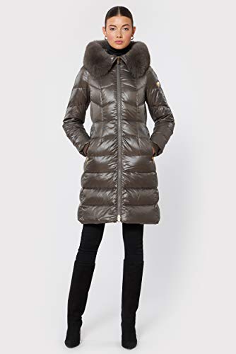 1 Madison Women's Long Winter Coat with Fox Fur Trimmed Hood, Taupe, Medium4