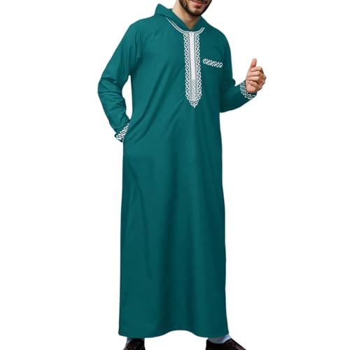 Men's Muslim Middle Arab Casual Long Sleeve Loose Hood Big and Tall Long Gown Dress Muslim Kaftan Thobe Green