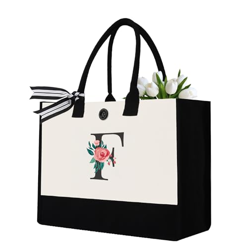 Image of Initial Canvas Tote Bag, Monogrammed Tote Bags Suitable for Mother's Day Wedding Beach