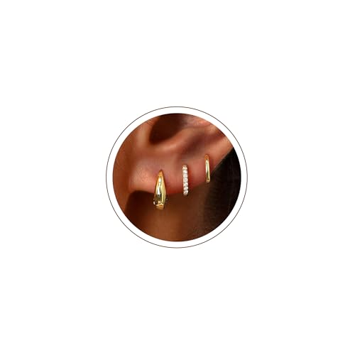 Poxtex Small 14K Gold Plated Huggie Hoop Earrings Set for Women, Hypoallergenic Trendy Hoops Stacks for Multiple Piercings, Dainty Cute Mini Lightweight Cartilage Helix Jewelry Gift Sensitive Ears