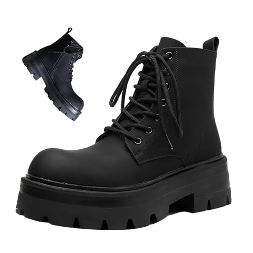 Men's Black Leather Platform Motorcycle Boots,Classic Comfort Waterproof Non-Slip Zip Biker Riding Casual Ankle Boots
