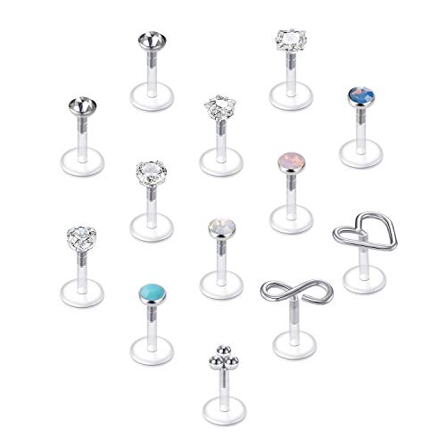 JFORYOU Bioflex Acryl Labret Stecker 13 Stücke Lippenpiercing Lippenring Zirkonia Helix Tragus Ohr Stecker Piercing Ohrring 1,2mm 6mm
