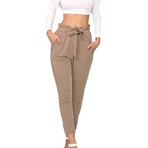 Maiyifu-GJ Women's Paper Bag Belted Pencil Pants Casual Slim Fit Self Tie Office Trouser High Elastic Waist Solid Comfy Pant (Brown,Medium)