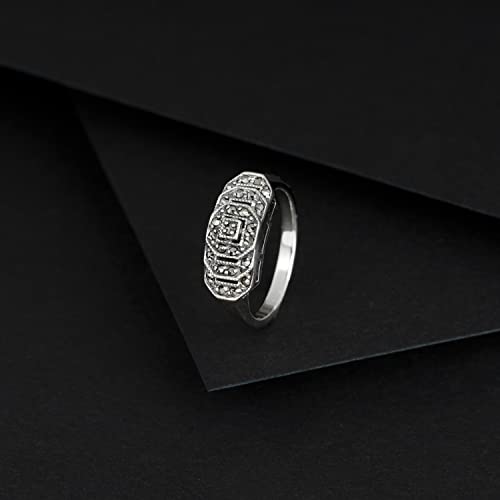 Image of Gemondo USA Sterling Silver 925 Three Layered Octagon Medallion Marcasite Ring Vintage Art Deco Design Band Ring