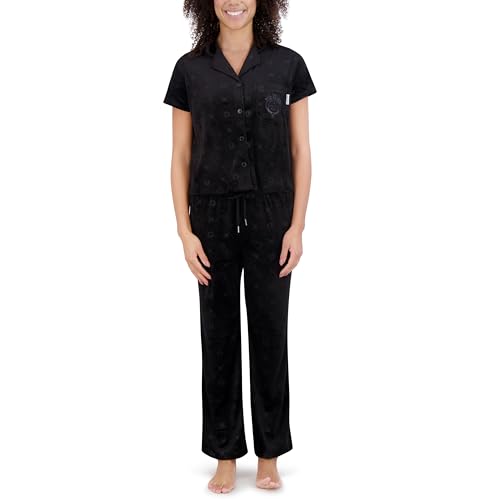 Paris Hilton Women's Short Sleeve Notch Collar and Wide Leg Pants Embossed Velour Pajama Set, Black ICONIC, L