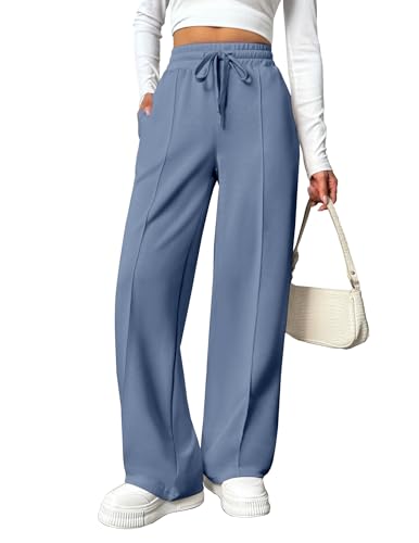 PINSPARK Tall Sweat Pants for Women Wide Legged Long Pants High-Rise Track Pants with Drawstring Two Side Pockets Deep Sea M Navy Blue