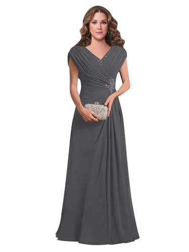 Chiffon V Neck Mother of The Bride Dresses for Women Long Formal Dress with Pockets Empire Waist Wedding Dress
