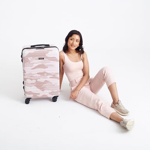 Image of Assembly Stark Hard Luggage 24 Inch (63 cm) Check-in Medium Luggage Trolley Bag, Unbreakable Polycarbonate Camo Print, TSA Lock, Silent 8 Spinner Wheels, Hard Shell Travel Suitcase Peach
