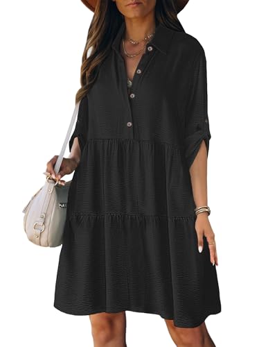 Bsubseach Womens Summer 2025 Casual Midi Dresses Button Down 3/4 Sleeve Ruffle Dress Boho Beach Vacation Sundress